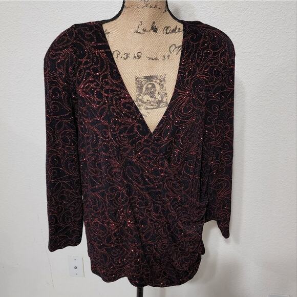 Dressbarn cross front red metallic trim long sleeve special occasion blouse plus - Picture 1 of 6